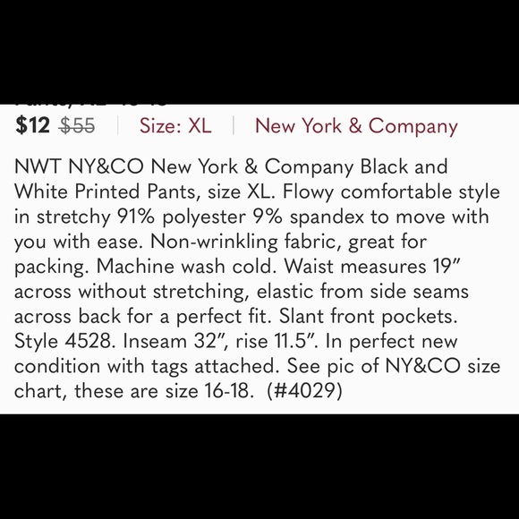 NWT NY&CO Black and White Printed Pants, XL  16-18 - Picture 10 of 10